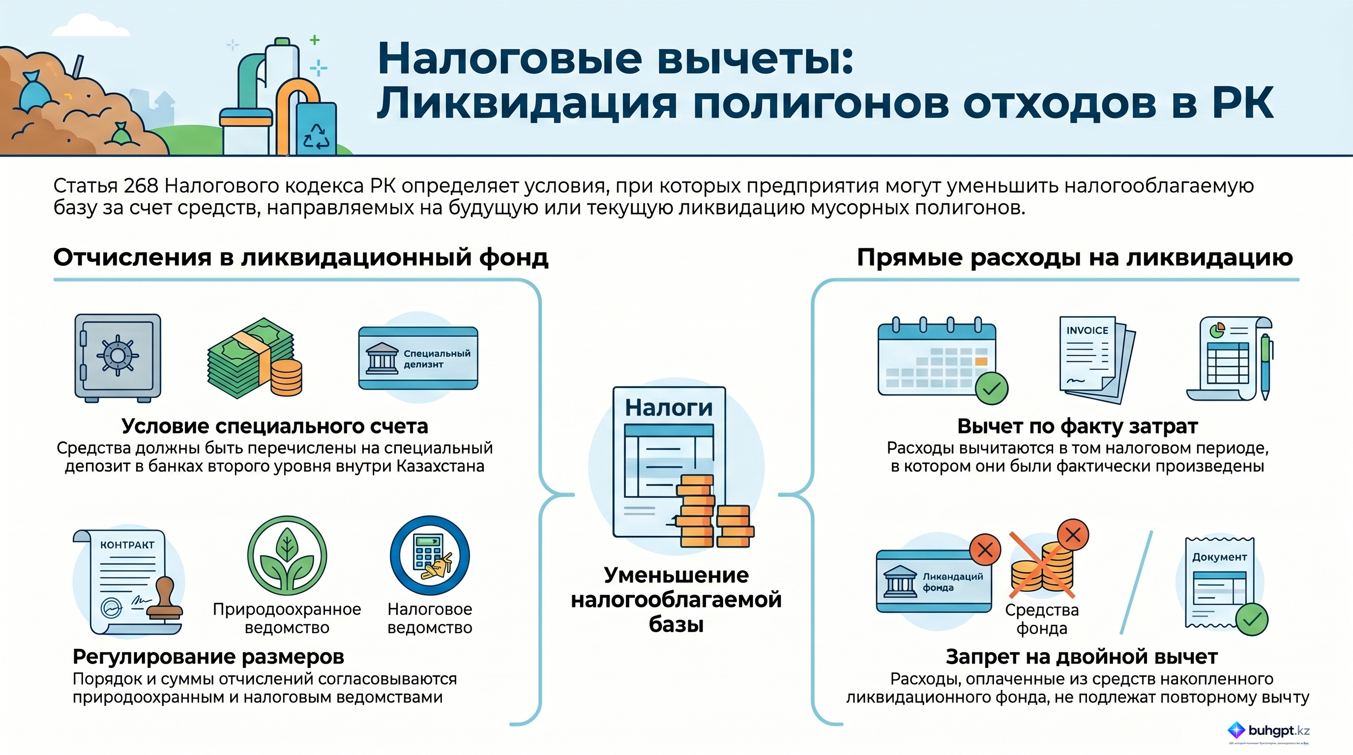 Инфографика — Статья 268 НК РК 2026 — Вычеты по расходам на ликвидацию полигонов захоронения отходов и сумм отчислений в ликвидационный фонд полигонов захоронения отходов
